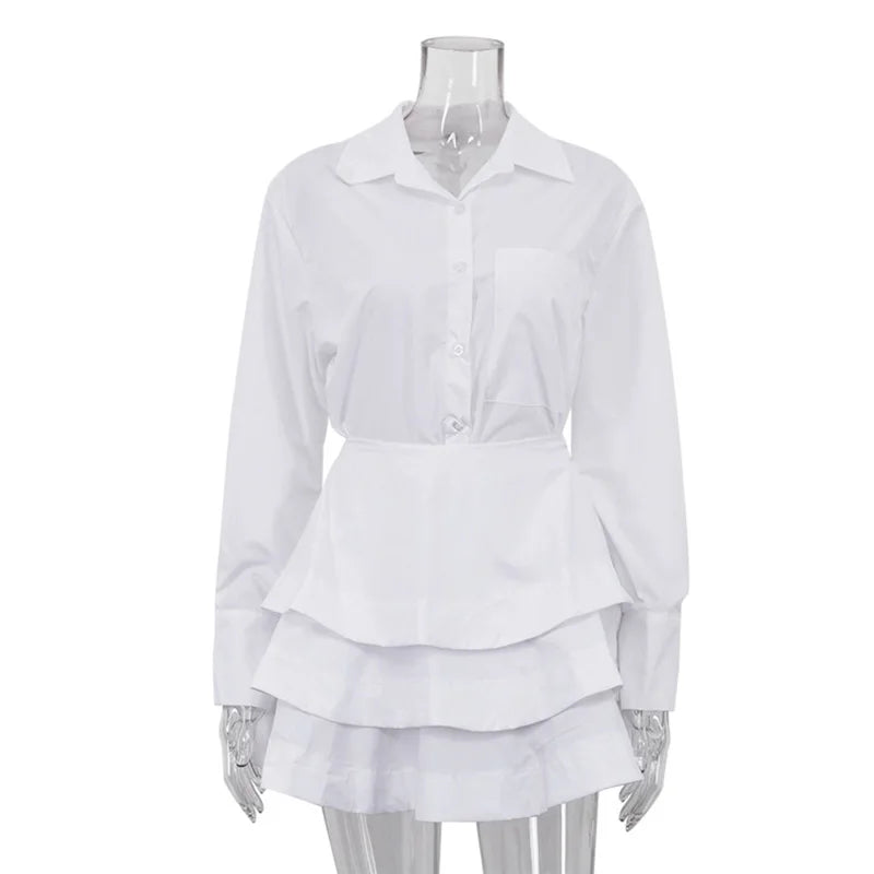 White Collar Shirt And Frill Mini Skirt Set