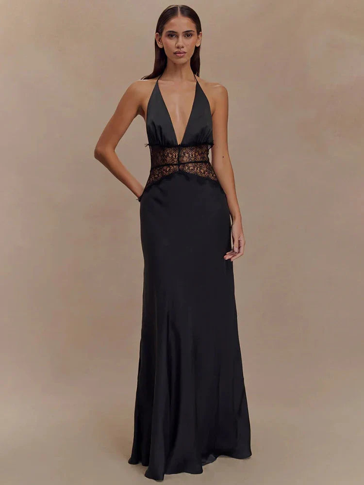 Lace Patchwork Halter Satin Maxi Dress