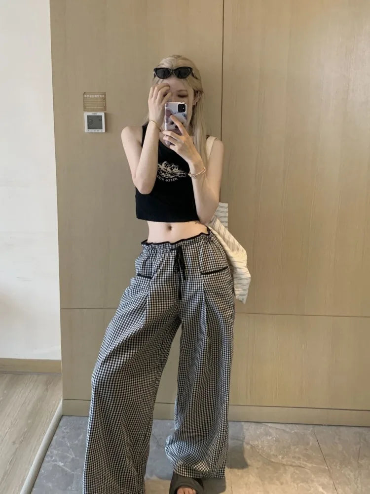 Black Plaid Drawstring Wide Leg Palazzo Pants