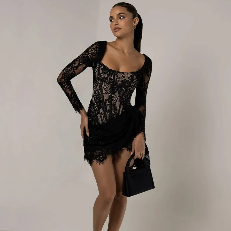 Black Long Sleeve Lace Bodycon Drape Mini Dress