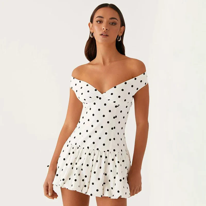 Off-shoulder Polka Dot Printed Mini Dress
