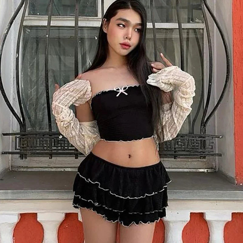 Black Bow Crop Top Ruffled Mini Skirt Set