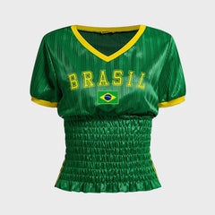 Brasil Letter Flag Graphic Ruched T-shirt - Vintage Knit