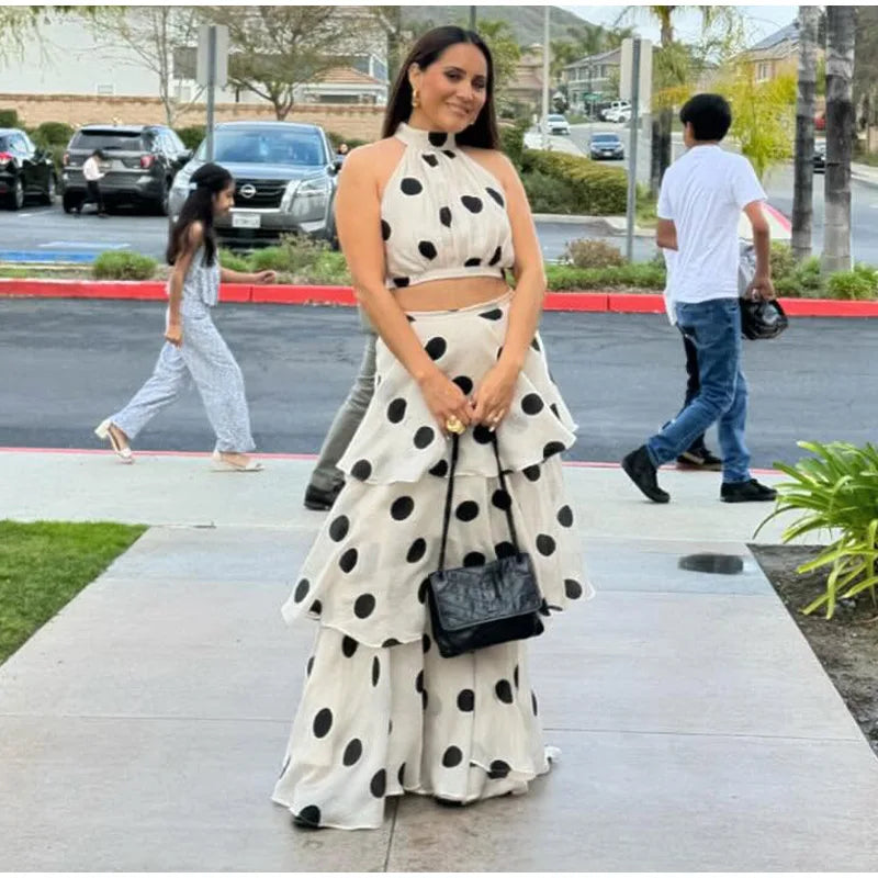 Sleeveless Polka Dot Crop Top And  Multi-Layer Ruffles Skirt Set