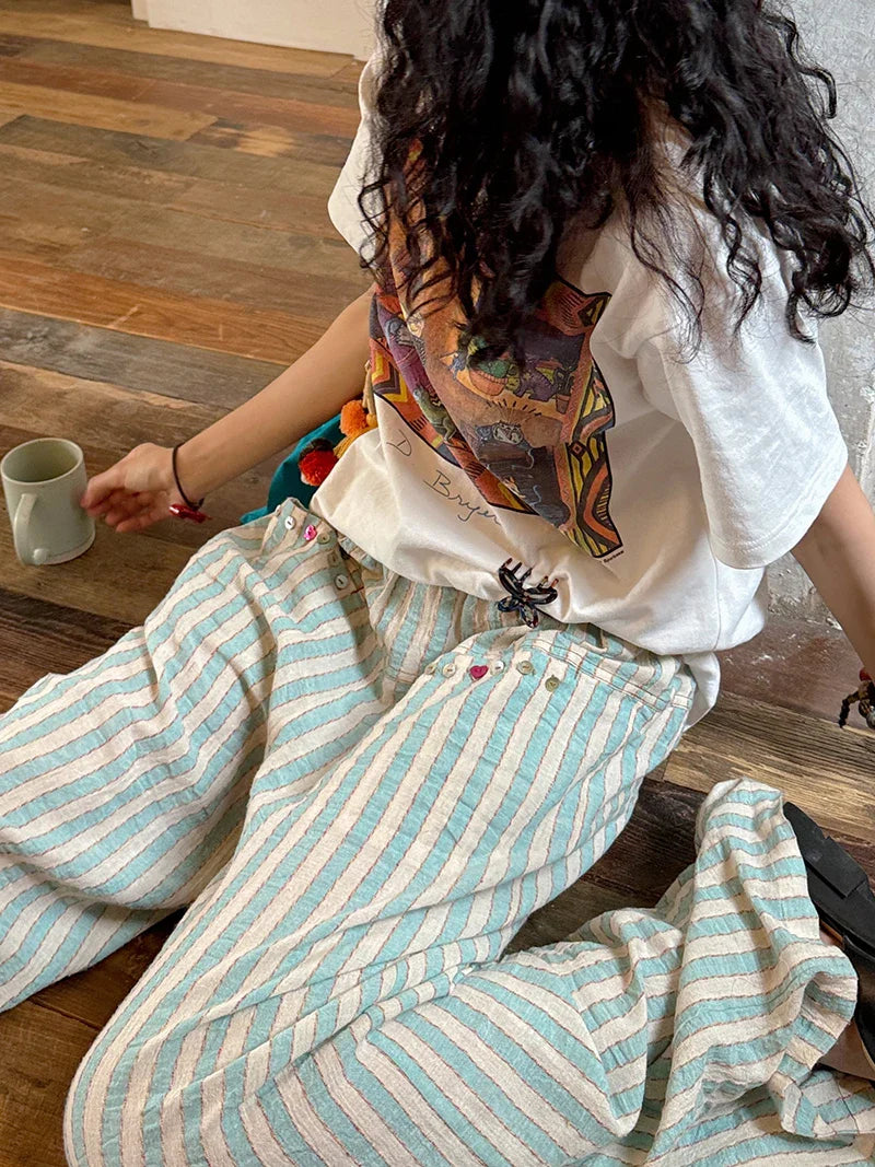 Blue Striped Wide Leg Pants