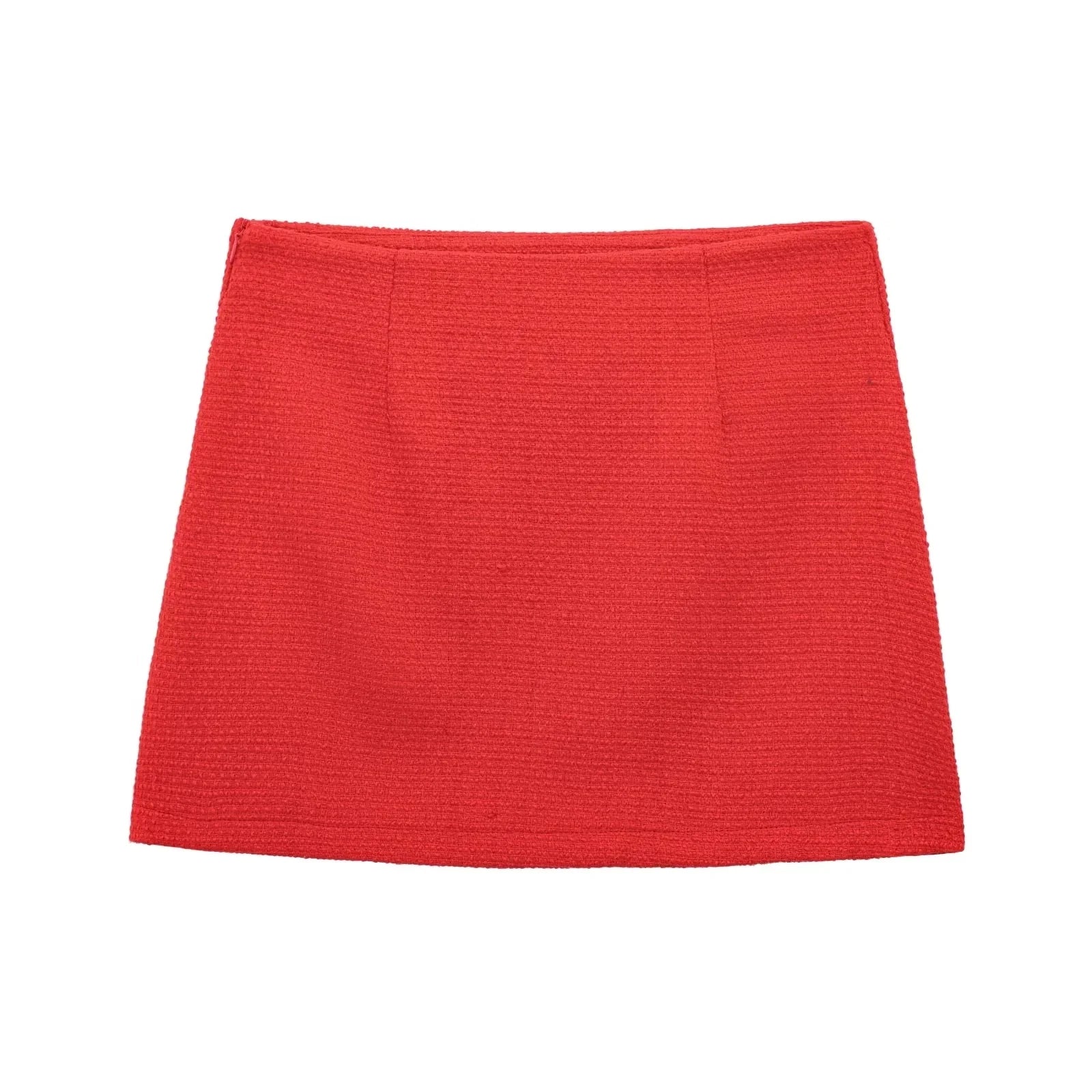 Red Solid Collar Short Sleeve Buttoned Top And Mini Skirt Set