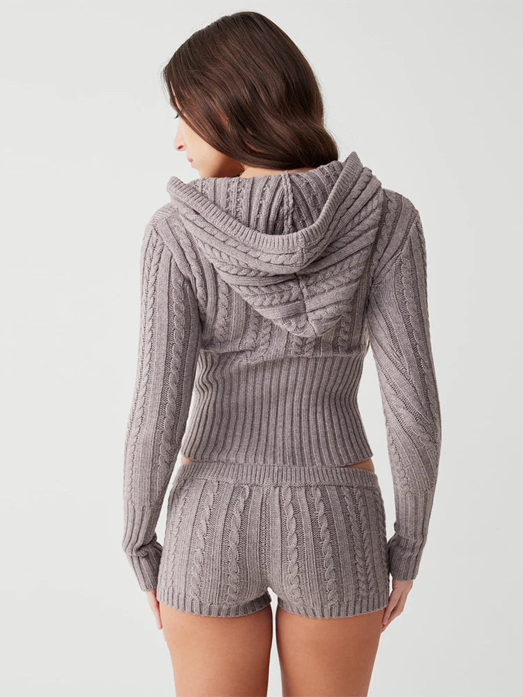 Long Sleeve Knitted V-Neck Hooded Sweater And Shorts Set