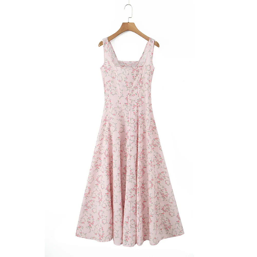 Pink Floral Print Lace Up Square Neck Midi Dress