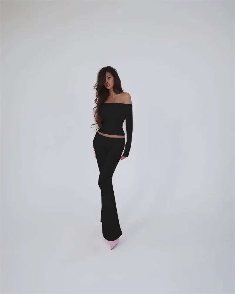 Long Sleeve Off-Shoulder Top And Ruched Pants Set