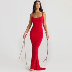 Red Tie Up Strap Open Back 3d Flower Maxi Dress