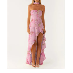 Strapless Printed Ruffles Midi Dress with Scarf