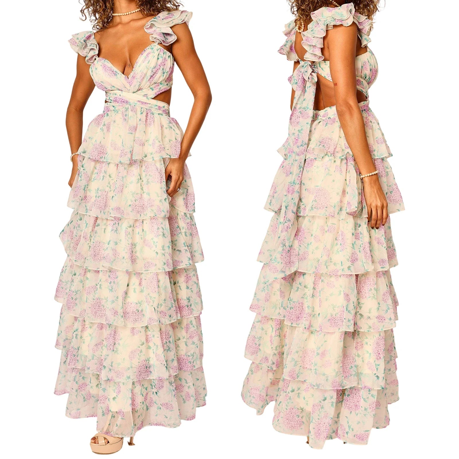Floral Tiered Ruffles Maxi Dress - V-Neck A-Line