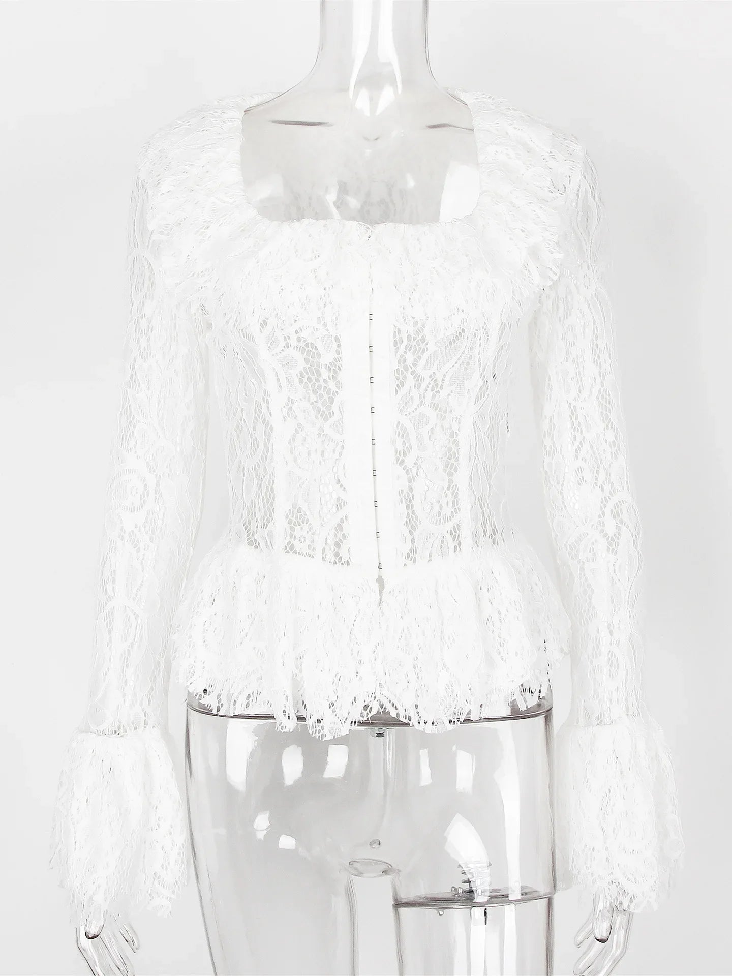 White Lace Frill Sheer Long Sleeve Corset Top