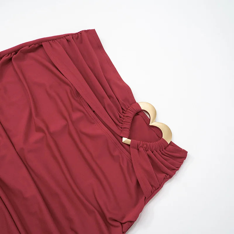 Red Heart Cut Out Halter Top And Maxi Skirt Set