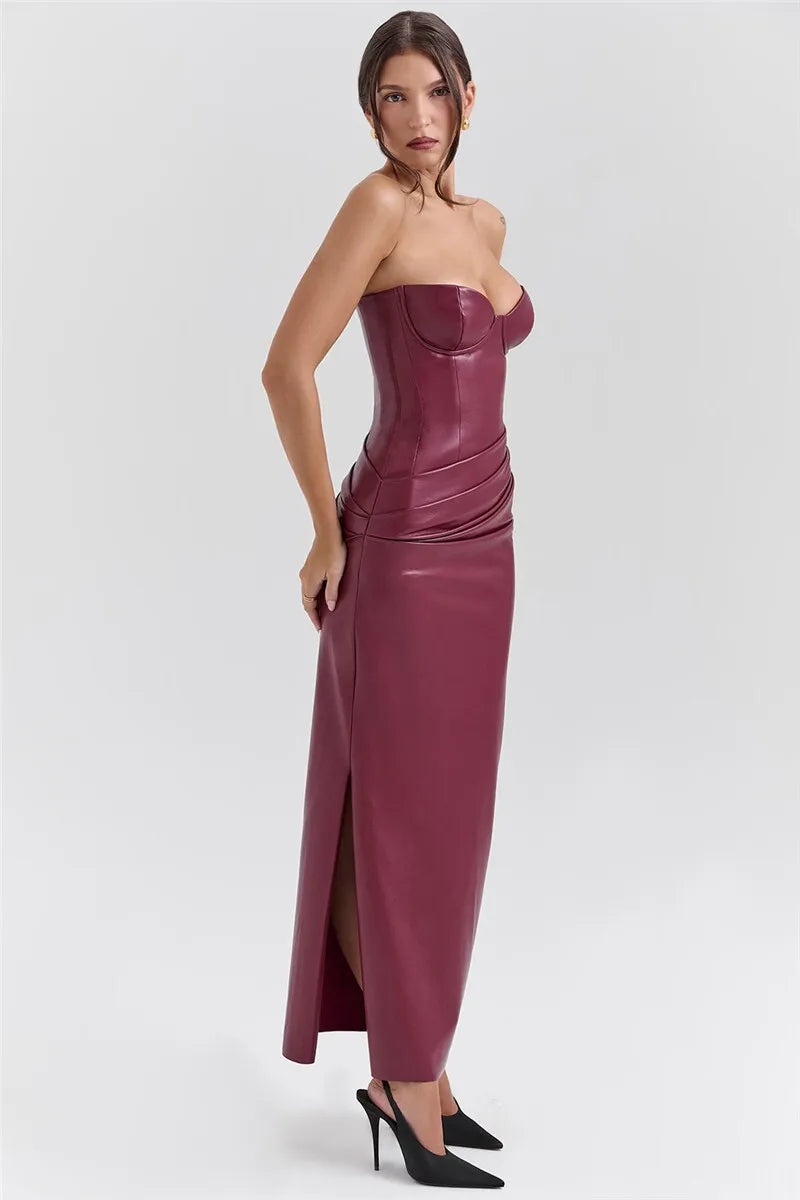 Burgundy Strapless PU Leather Maxi Dress