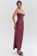 Burgundy Strapless PU Leather Maxi Dress