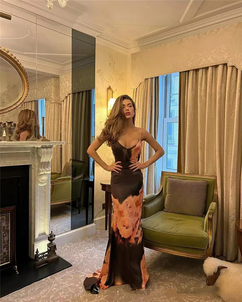 Brown Satin Floral Print Maxi Dress