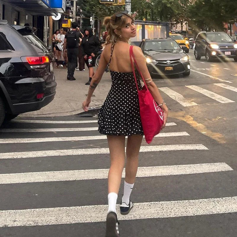 Black Polka Dot Halter Mini Dress