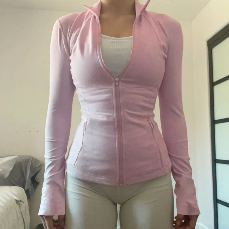 Solid Zipper Hoodie Sports Yoga Top