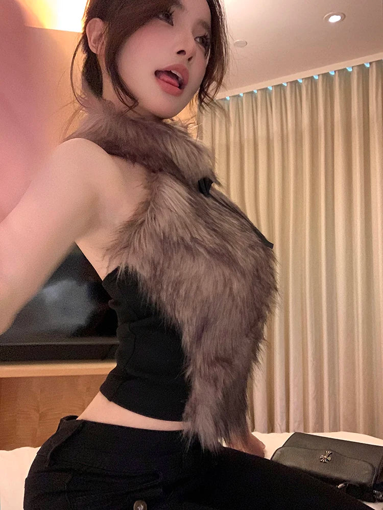 Faux Fur High Collar Sleeveless Camisole Tank Top