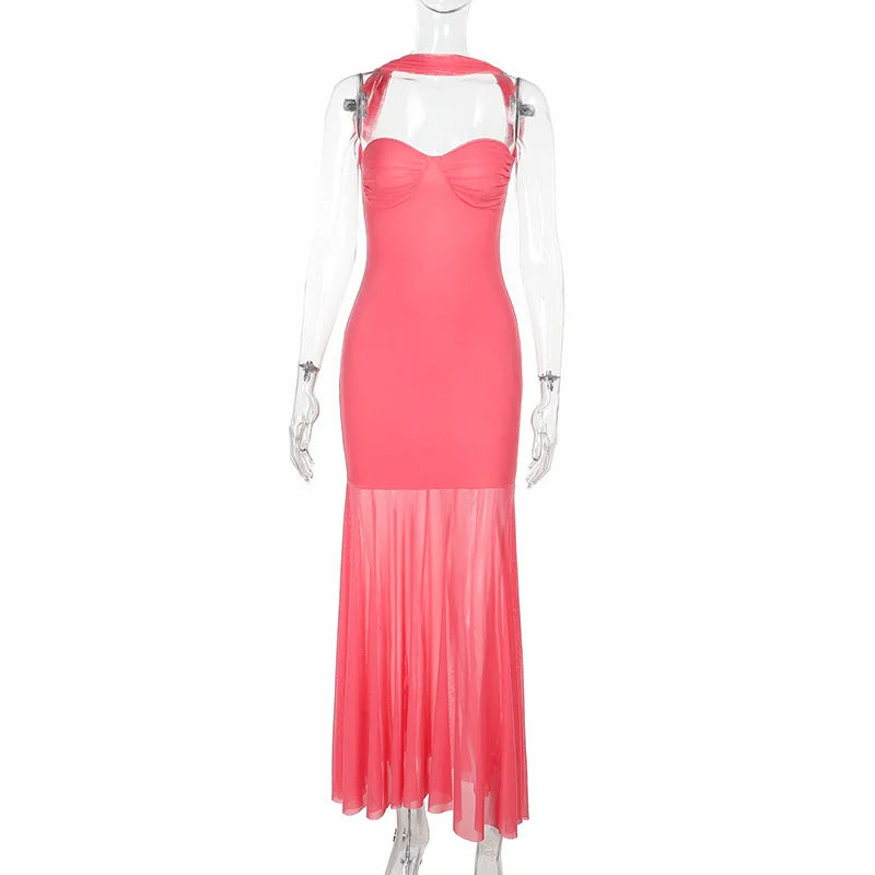 Pink Mesh Halter Strap Maxi Dress