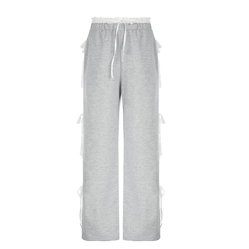 Grey Stripe Ribbon Drawstring Sweatpants