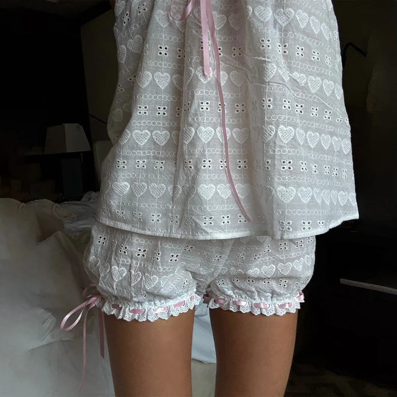White Heart Pattern Jacquard Eyelet Pajamas Strap Camis Crop Tops + Bloomers Shorts Set