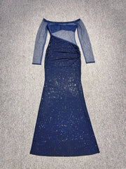 Rhinestone Slash Neck Long Sleeve Patchwork Maxi Dress