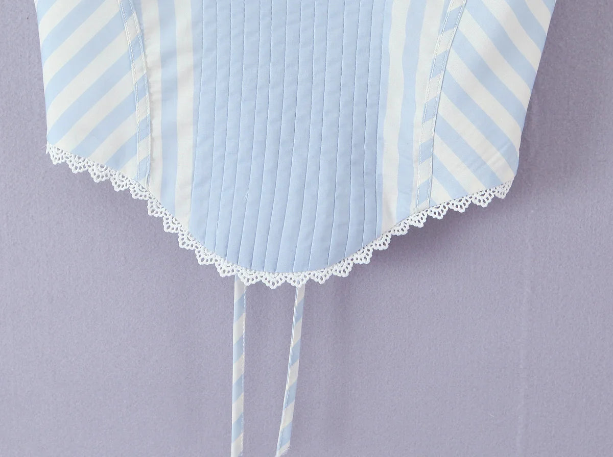 Blue Stripe Lace Trim Corset Top
