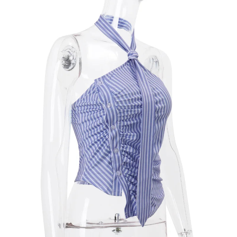 Blue Striped Halter Tie Detail Top