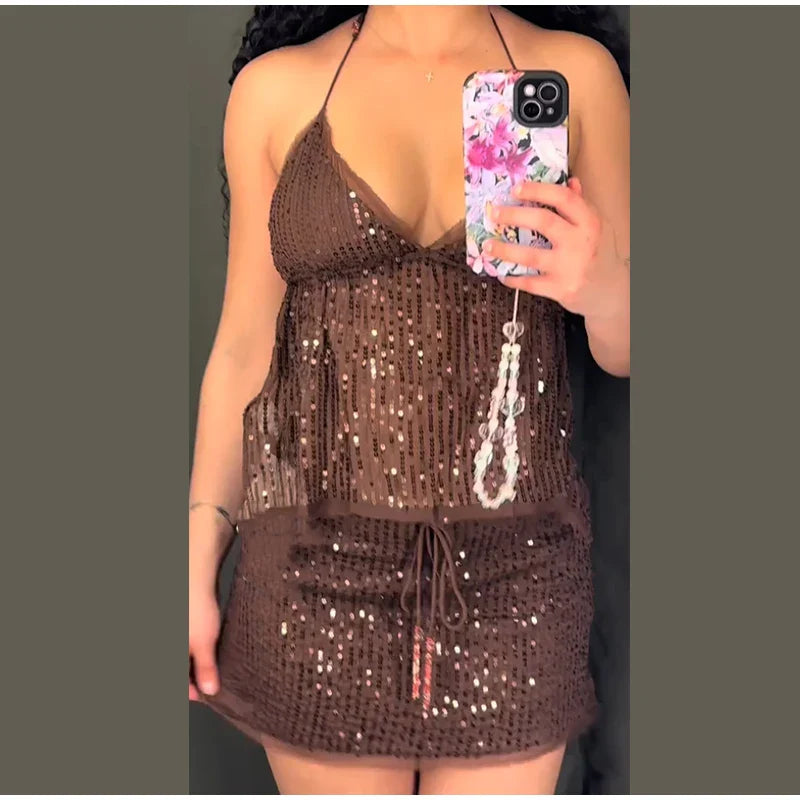Sheer Strap Sequin Top Lace Up Mini Skirt Set