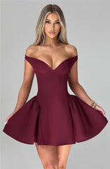 Burgundy Off-shoulder Mini Dress