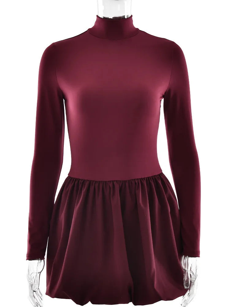 Burgundy Turtleneck Long Sleeve Puff Skirt Mini Dress