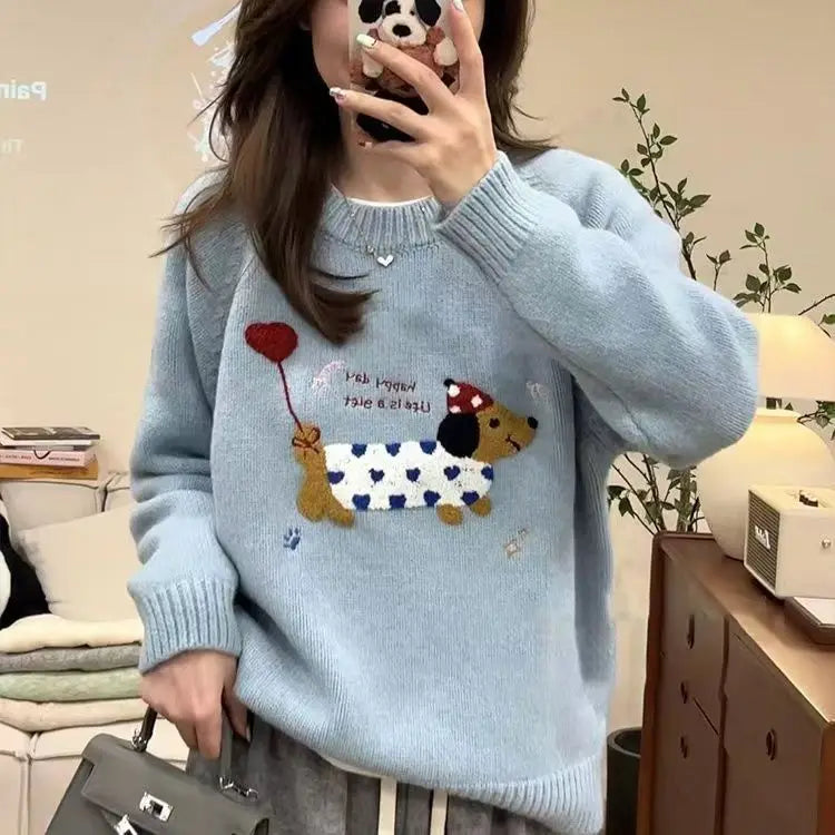 Dog Embroidery Knitted Sweater Pullover