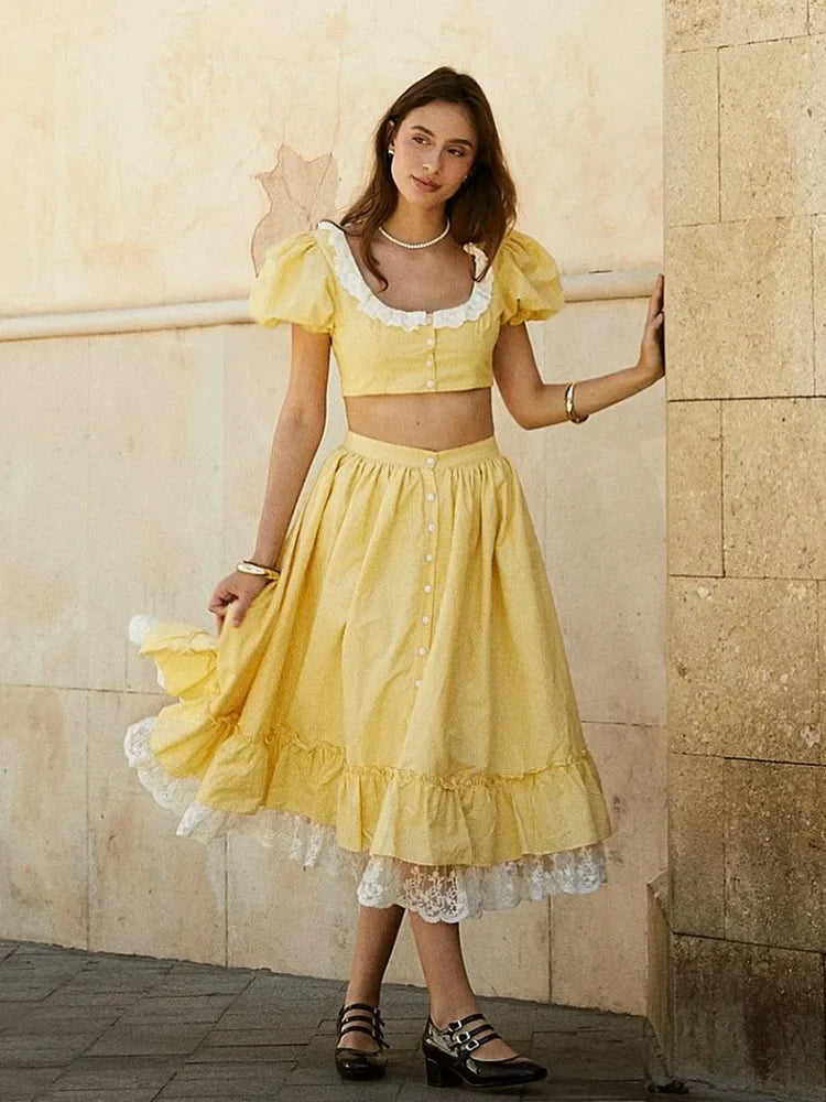 Yellow Gingham Printed Crop Top And Maxi Skirt Set