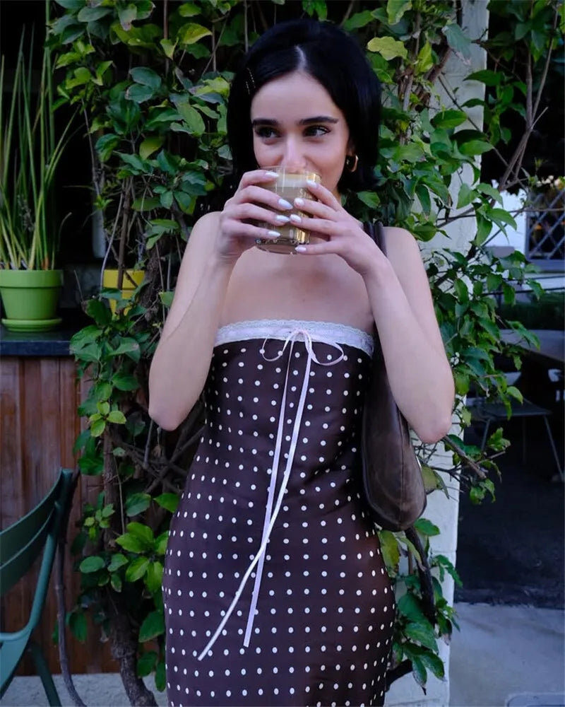Brown Satin Polka Dot Strapless Midi Dress
