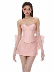 Diamond Strapless Large Bow Corset Top And Mini Skirt Set
