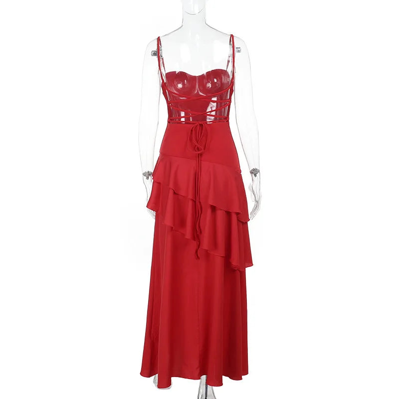 Red Ruffled Maxi Dress â€?Lace-Up Strappy Back
