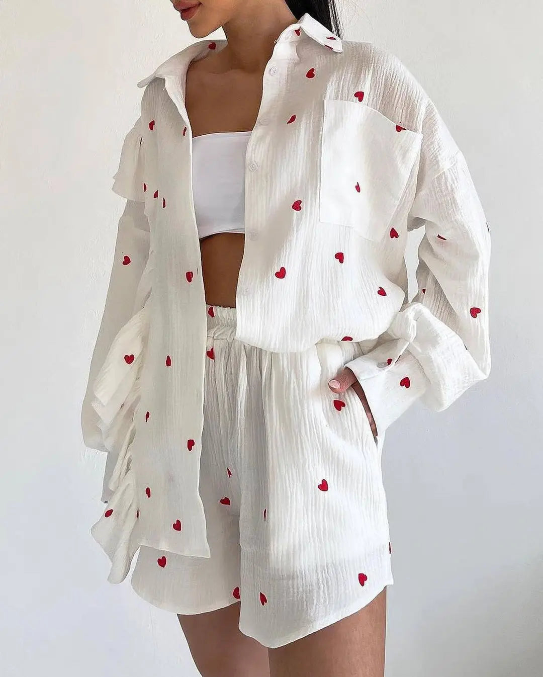 White Linen Printed Shirt And Shorts Set