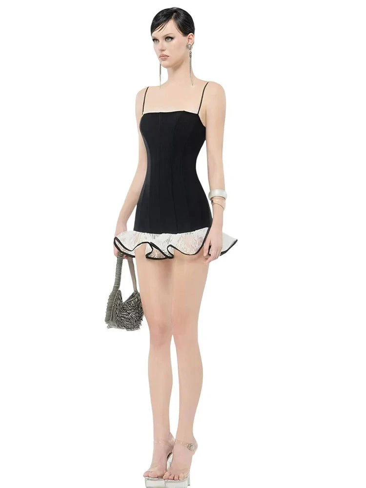Black Solid Cami Lace Frill Trim Mini Dress