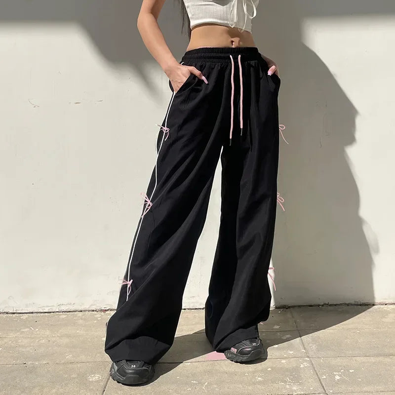 Black Side Bow Drawstring Straight Sweatpants