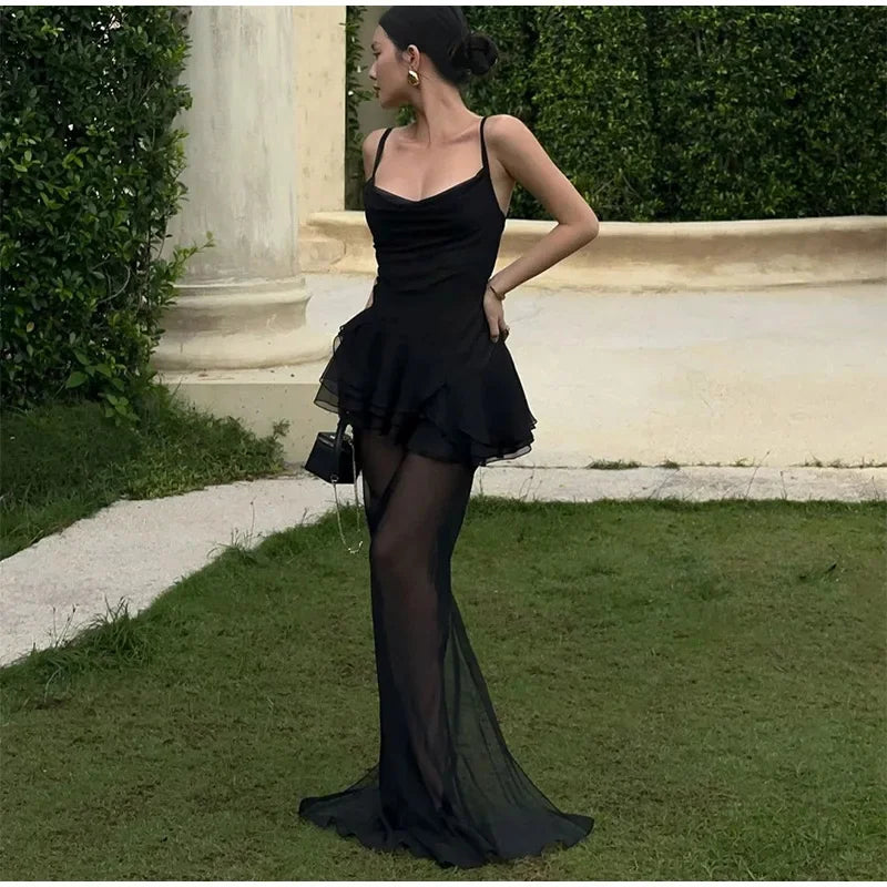 Black Mesh Frill Cami Top And Maxi Skirt Set