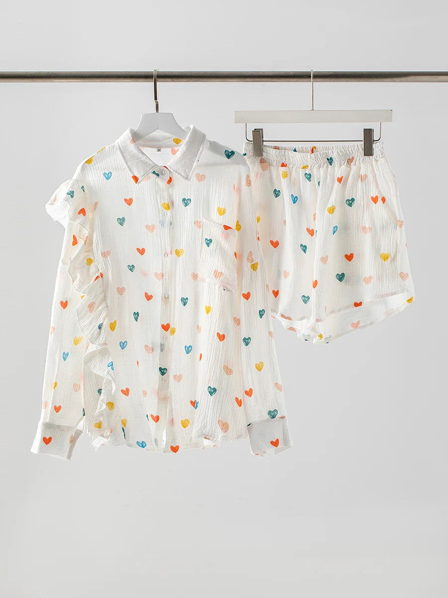 White Linen Printed Shirt And Shorts Set