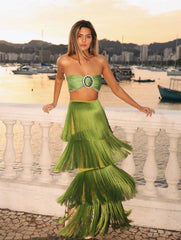 Green Tassel Bralette Set â€?Layered Maxi Skirt