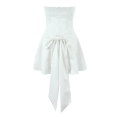 White Satin Tulle Back Bow Mini Strapless Dress