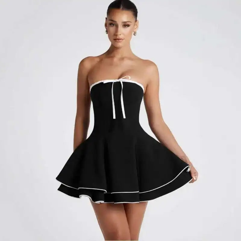 Black Tube Flare Bow Mini Dress