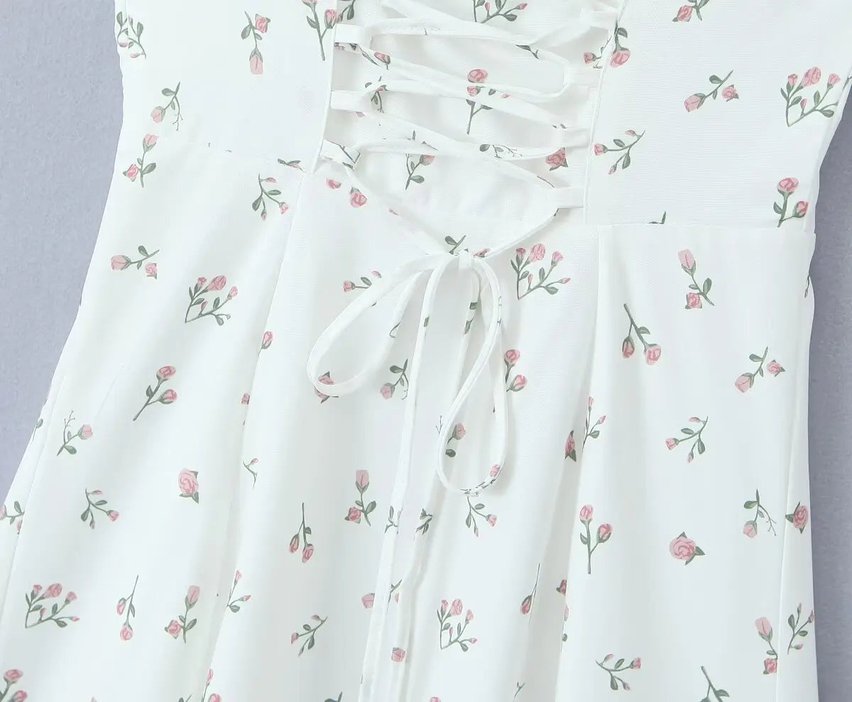 White Floral Print Slit Strap Midi Dress