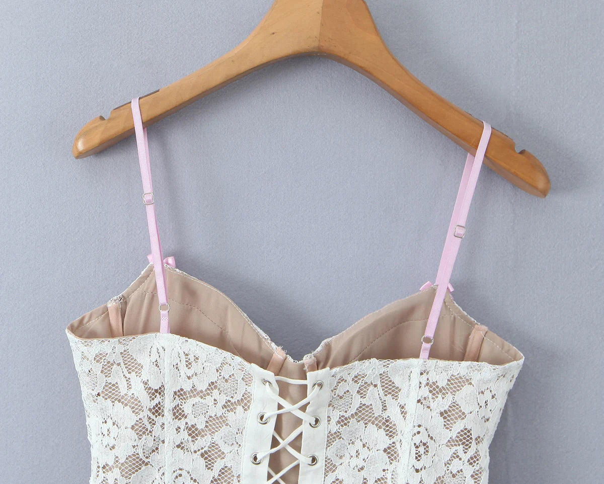 White Lace Bustier Top with Lace-Up Front