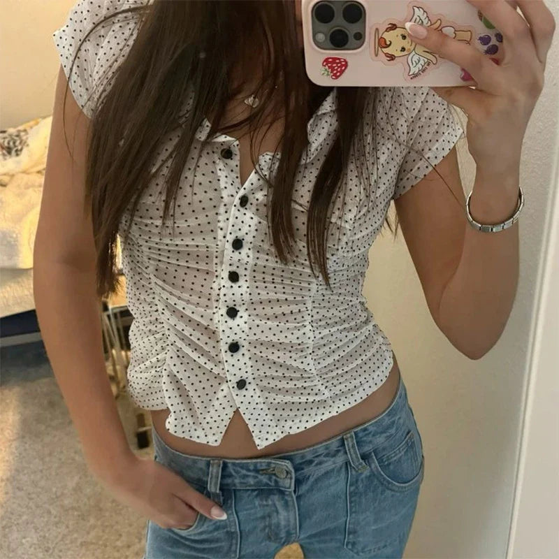 Sheer Polka Dot Button Up Blouse Top