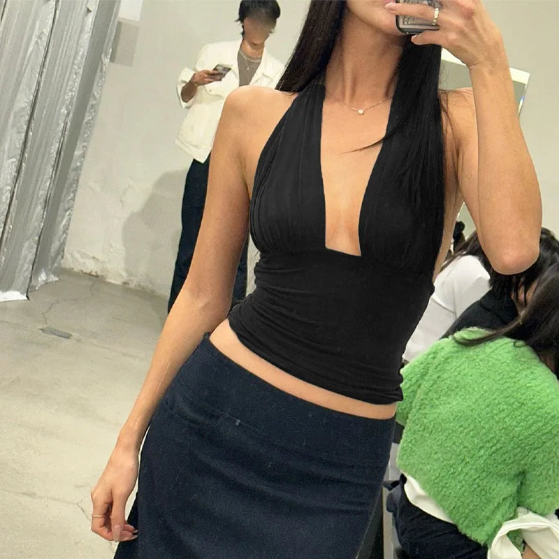 Deep Neck Halter Crop Top â€?Backless & Bold Fit